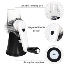 Handheld Rotary Cheese Grater and Vegetable Slicer with 3 Stainless Steel Drum Blades